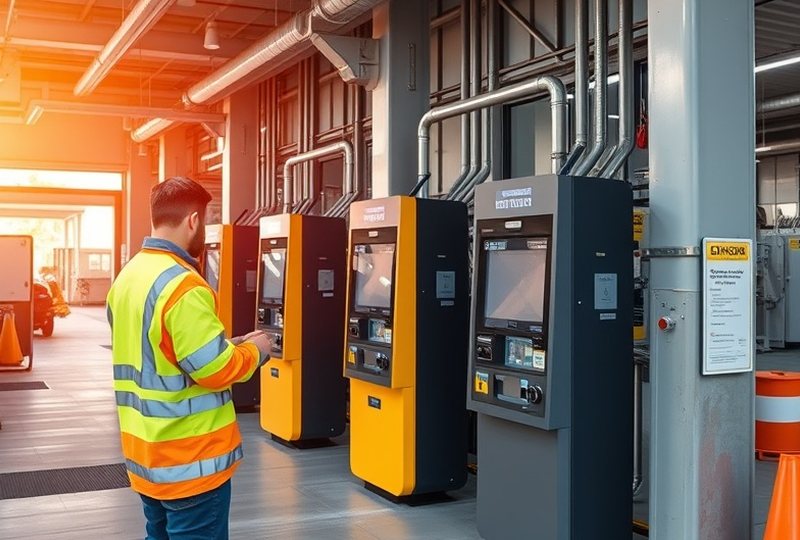 Técnico realizando el mantenimiento de un terminal de autoservicio